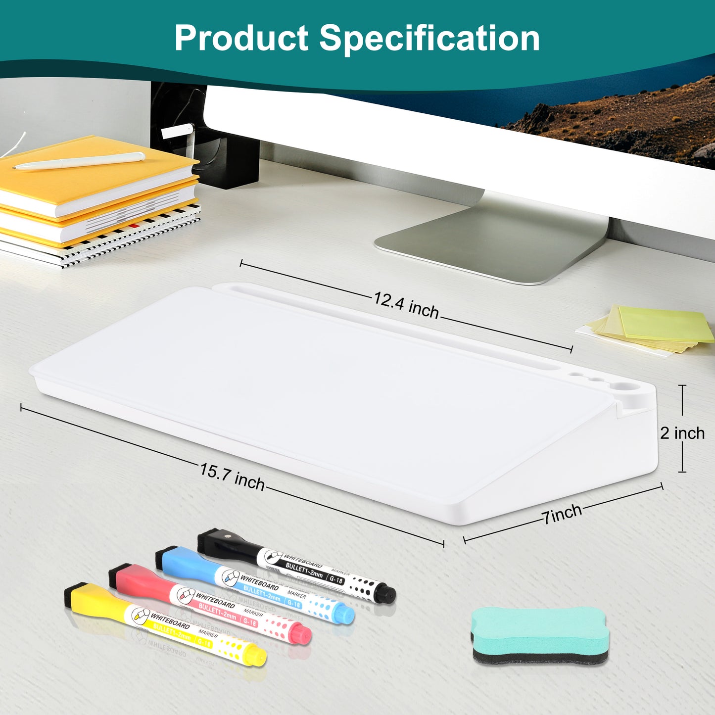 Glass Desktop Whiteboard with Storage Drawer, White-white box with 4 Markers 1 Eraser