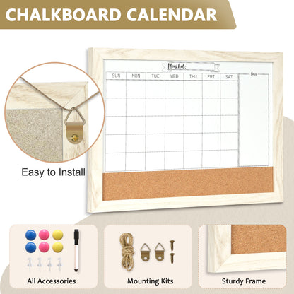 Monthly Whiteboard Calendar & Corkboard for Wall, Magnetic 16"x12" Dry Erase Board with White Wood Framed