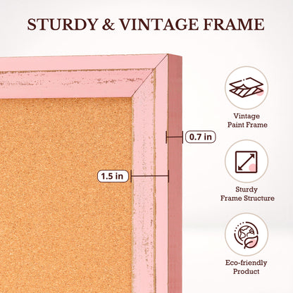 Cork Board for Wall, Bulletin Board Rustic Wooden Frame with 10 Pushpins, Pink
