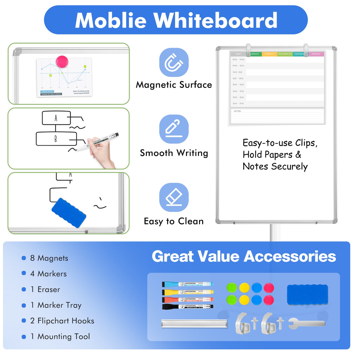 Mobile Whiteboard 36 x 24 inches Portable Magnetic Dry Erase Board, Height Adjustable 3' x 2' Standing Easel White Board