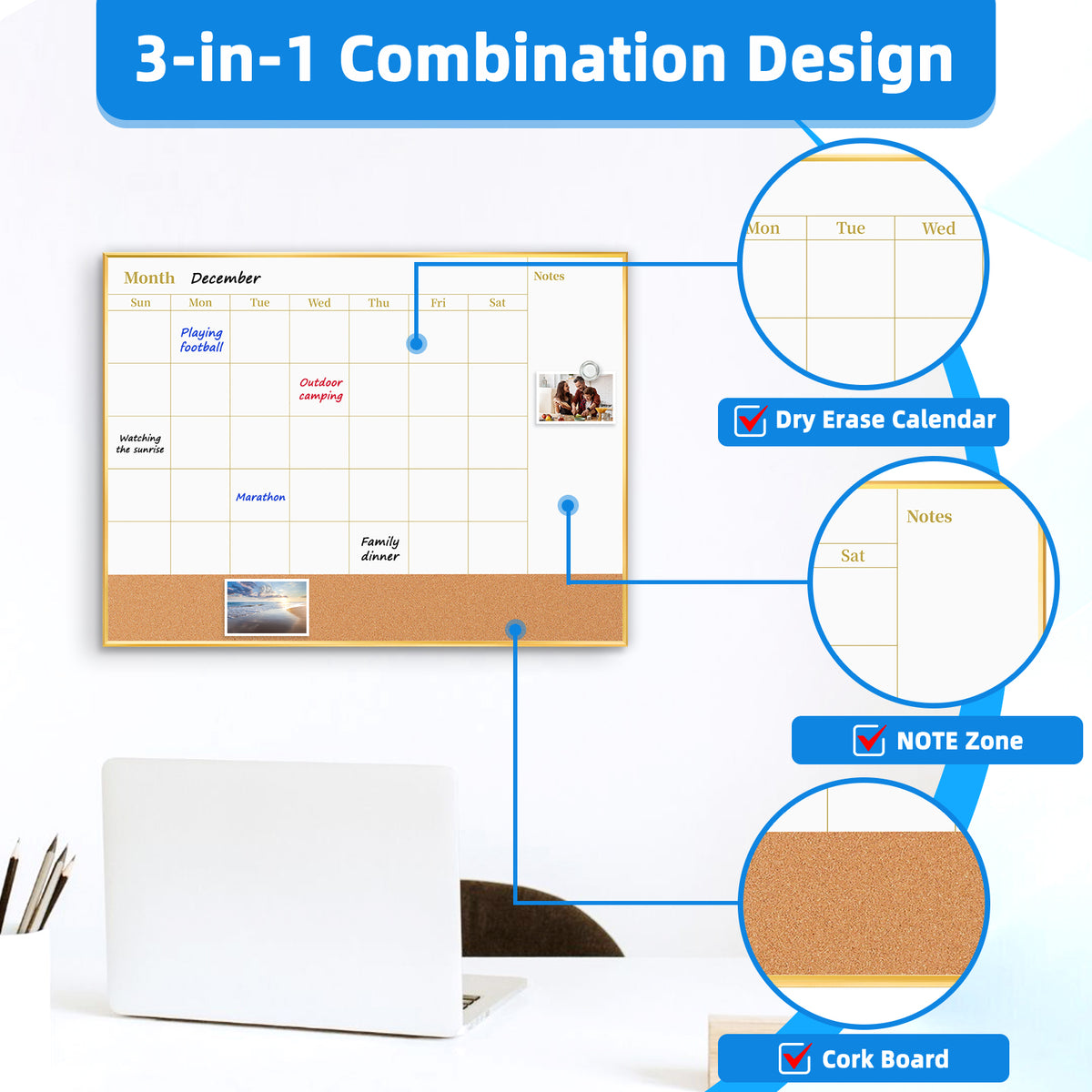 Whiteboard Calendar White Board Magnetic Dry Erase Board Cork Board Combo 16x12 inchs Reusable Monthly Planner for Wall