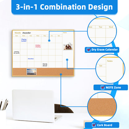 Whiteboard Calendar White Board Magnetic Dry Erase Board Cork Board Combo 16x12 inchs Reusable Monthly Planner for Wall