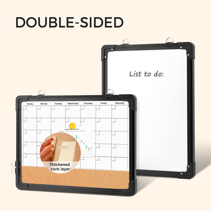 Whiteboard Calendar Cork Board Combo, 16" x 12", Double-Sided with 8 Markers 8 Magnets 10 Pins-Black