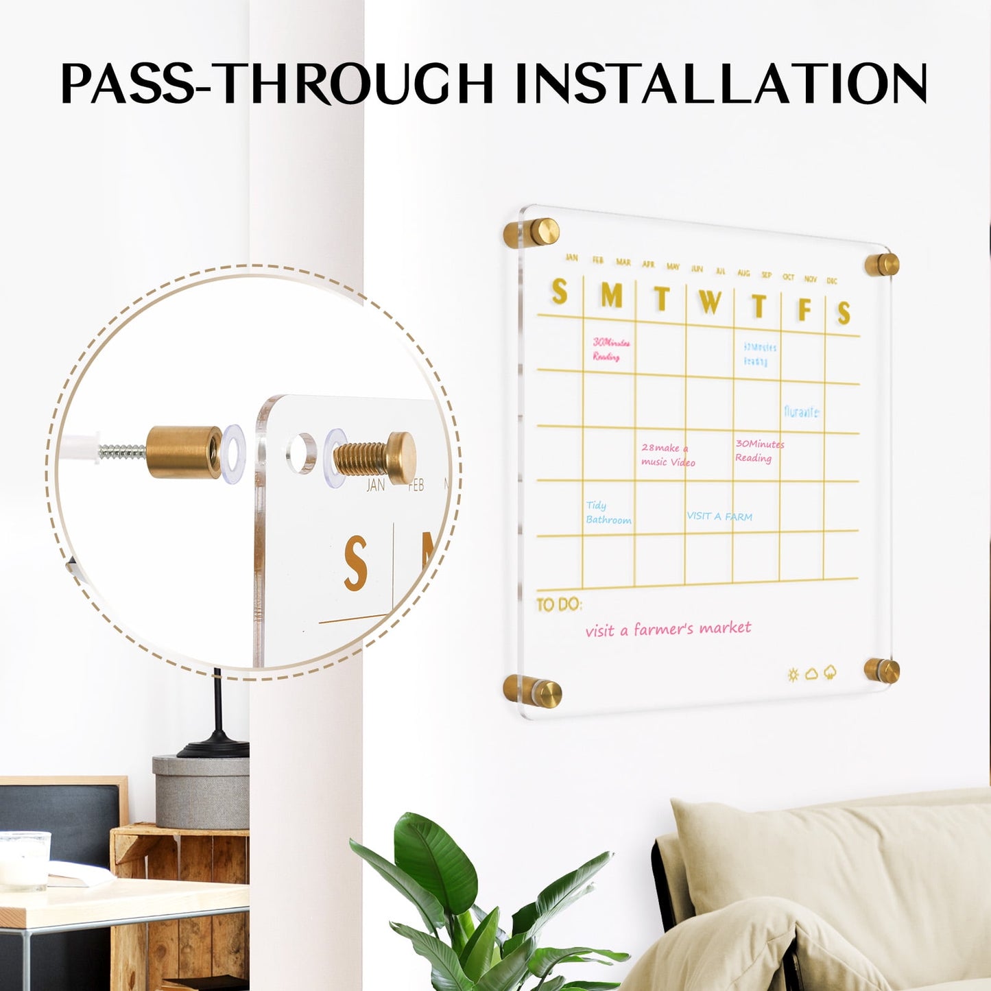 Acrylic Calendar for Wall Small 12x12 inch Golden Clear Dry Erase Board Non-Magnetic Planner Wall Mounted Board