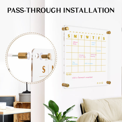 Acrylic Calendar for Wall Small 12x12 inch Golden Clear Dry Erase Board Non-Magnetic Planner Wall Mounted Board