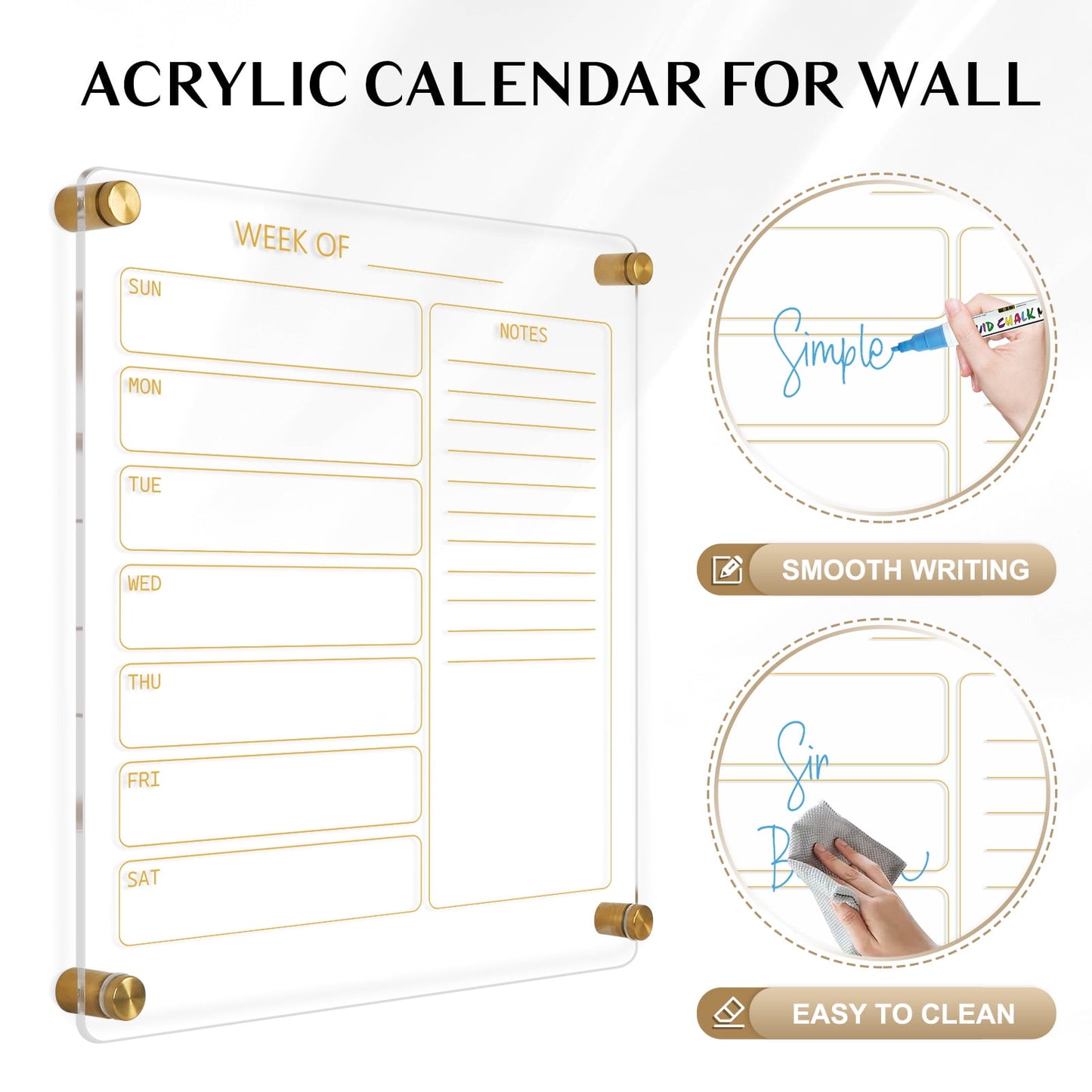 Acrylic Calendar for Wall 12x14 in Ultra Clear Golden Dry Erase Board Weekly Planner Wall Mounted Board