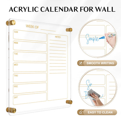 Acrylic Calendar for Wall 12x14 in Ultra Clear Golden Dry Erase Board Weekly Planner Wall Mounted Board