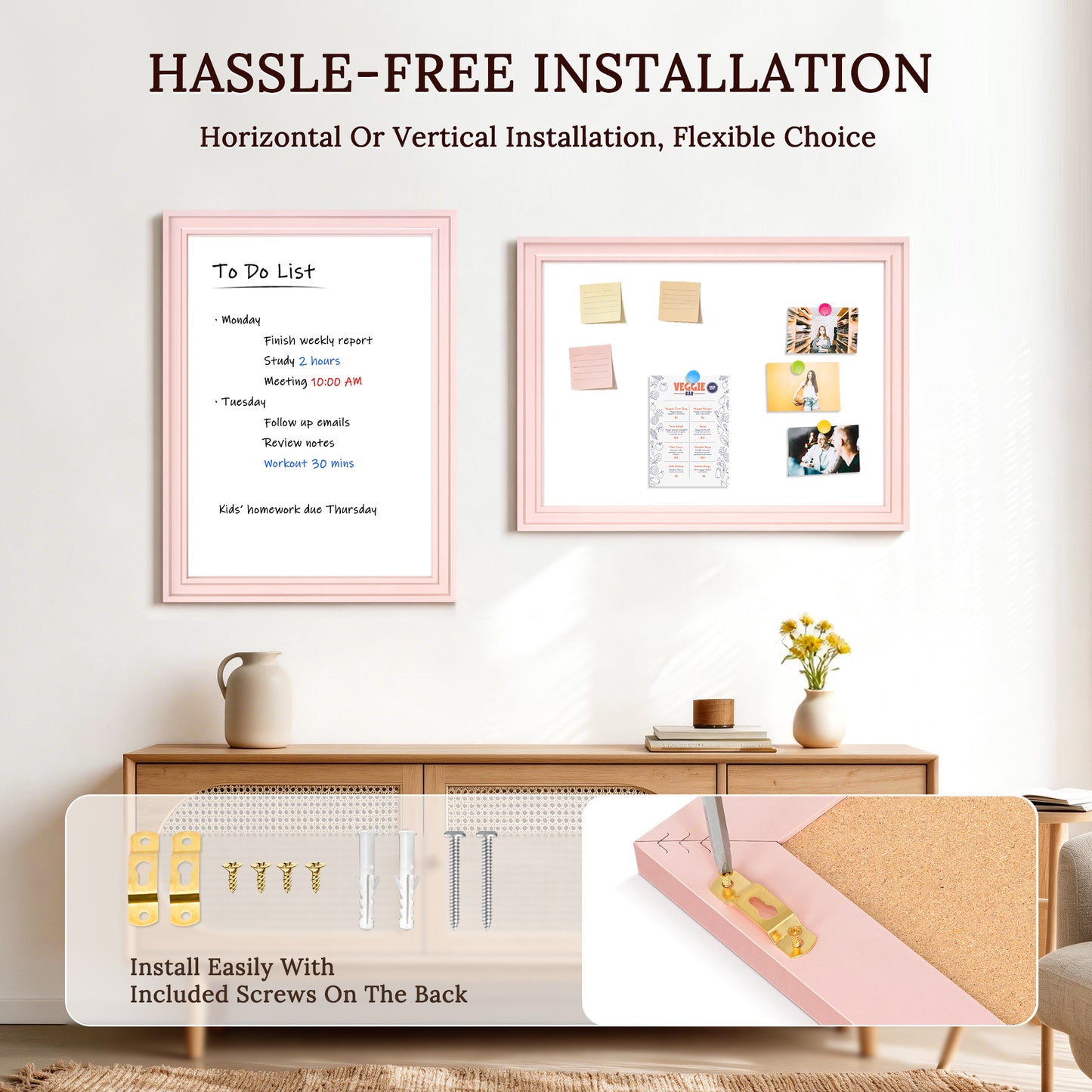 Magnetic Dry Erase Whiteboard Magnetic Whiteboard for Wall, Pink Wooden Framed
