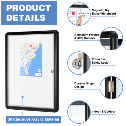 Tamperproof Lockable Magnetic Dry Erase Board 26"x20" Enclosed Notice Board, Black