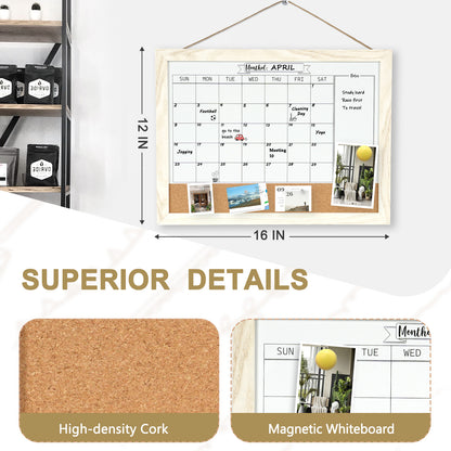 Monthly Whiteboard Calendar & Corkboard for Wall, Magnetic 16"x12" Dry Erase Board with White Wood Framed