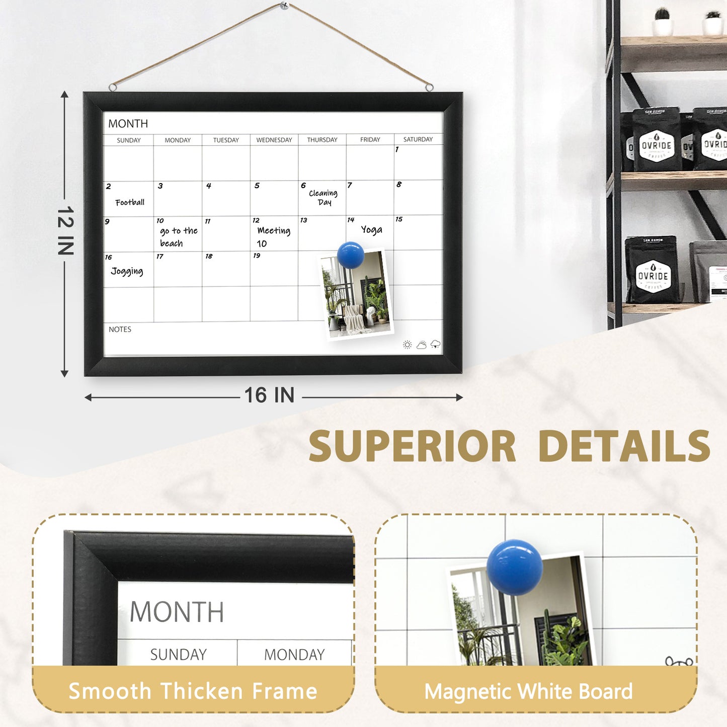 Dry Erase White Board & Monthly Calendar Board, Magnetic Whiteboard for Wall, 16"x12" Hanging Board