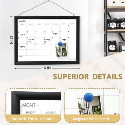 Dry Erase White Board & Monthly Calendar Board, Magnetic Whiteboard for Wall, 16"x12" Hanging Board