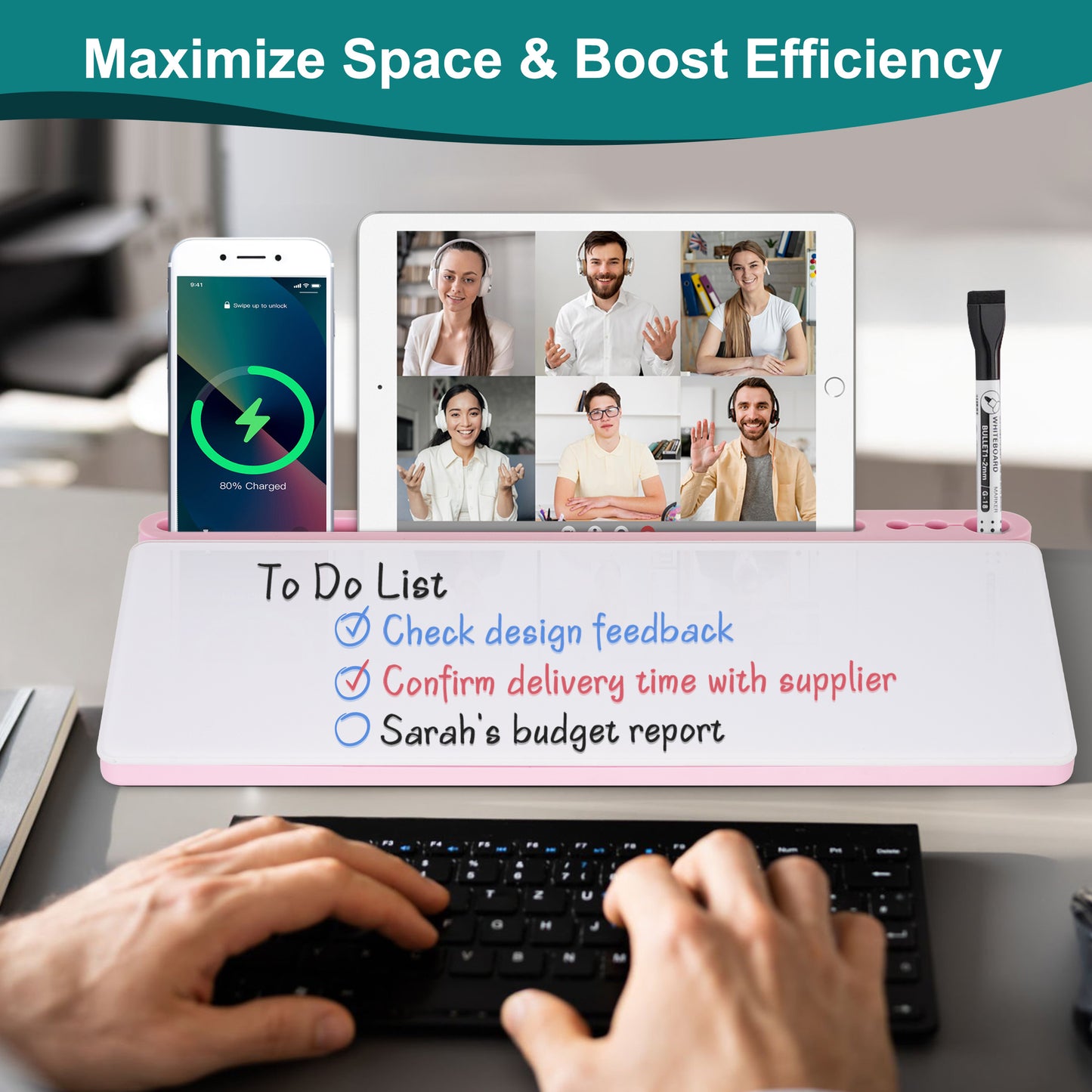 Desktop Glass Whiteboard Dry Erase Board Computer Keyboard Stand White Board Surface Pad with Drawer, Desk Organizers