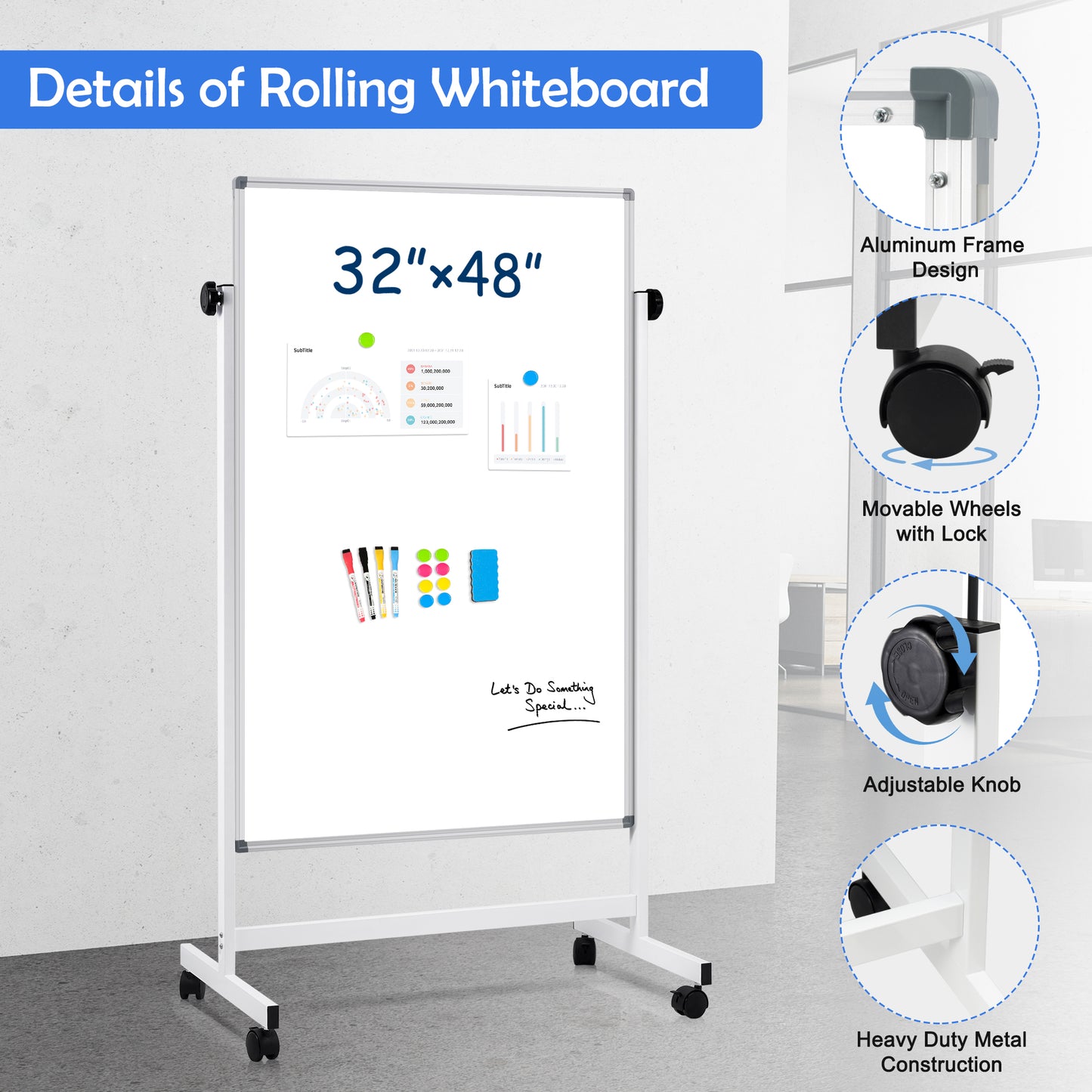 Rolling Whiteboard on Wheels, 48"x32" Height Adjustable Whiteboard Double-Sided Magnetic Dry Erase Board with Stand