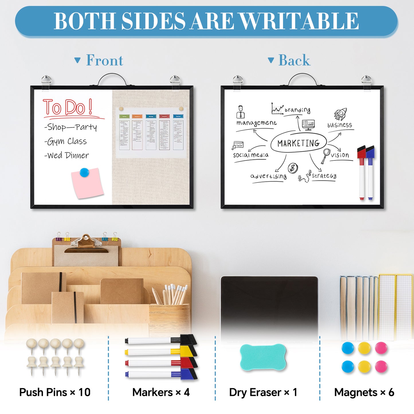 Dry Erase Linen Board, 12"x16" Small Cork Board White Board Combination, Double-Sided Magnetic Bulletin Board for Wall, Vision Board with Markers and Magnets