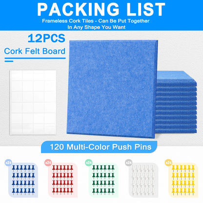 12 Packs Blue Felt Board Large Cork Bulletin Board Cork Board Wall Tiles