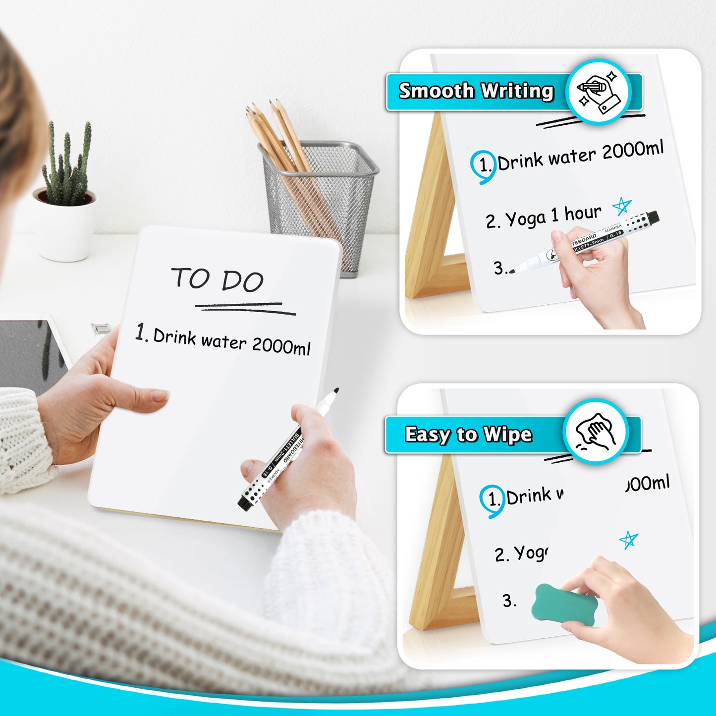 Glass Desktop Whiteboard with Reversable Stand Tabletop Small Portable Dry Erase Glass White Board