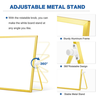 Small White Board with Stand, 16" x 12", Double-Sided with 8 Markers 8 Magnets 1 Eraser-Gold