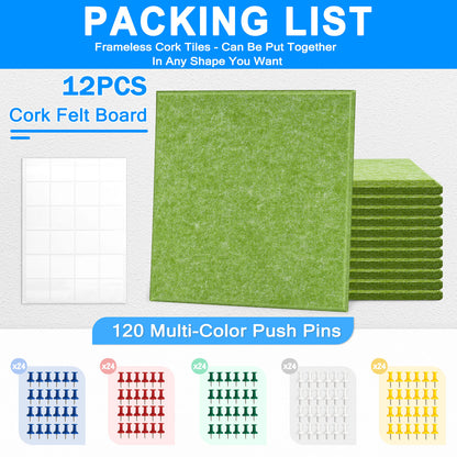Pack of 12 Green Felt Large Pin Board with 120 Push Pins Cork Board for Wall 48 x 36 inch