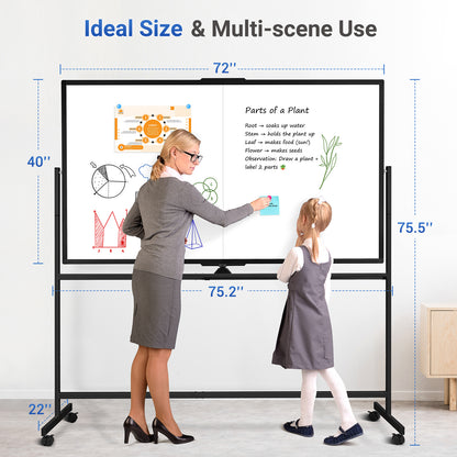 Rolling Whiteboard on Wheels 72"x40" Double-Sided Dry Erase Board with Stand Big White Board with Stand Portable Magnetic Mobile White Board, Black