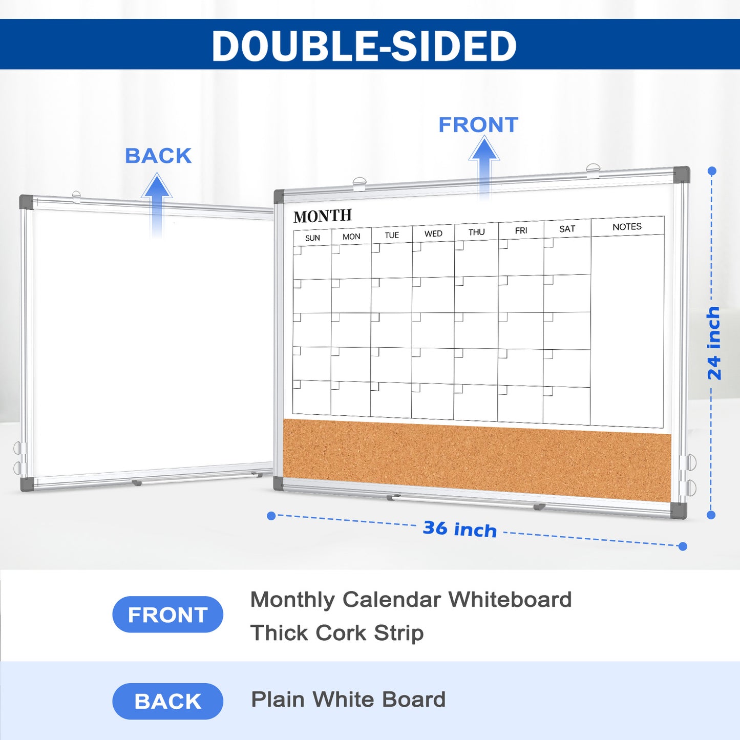 Monthly Calendar Whiteboard Dry Erase Cork Board Combination for Wall