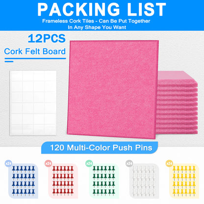12 Packs Pink Felt Board Large Cork Bulletin Board Cork Board Wall Tiles