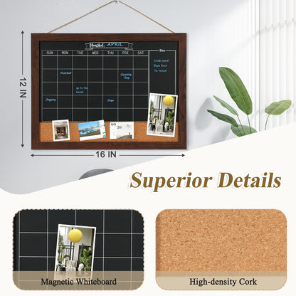 Whiteboard Calendar & Corkboard for Wall, 16"x12" Chalkboard Magnetic Dry Erase Monthly Calendar Chalkboard