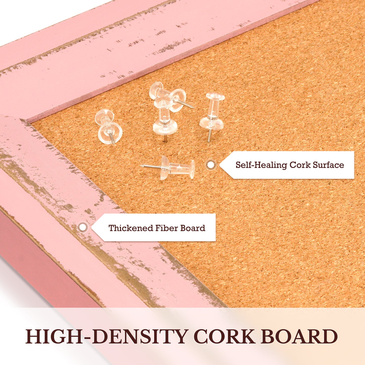Cork Board for Wall, Bulletin Board Rustic Wooden Frame with 10 Pushpins, Pink