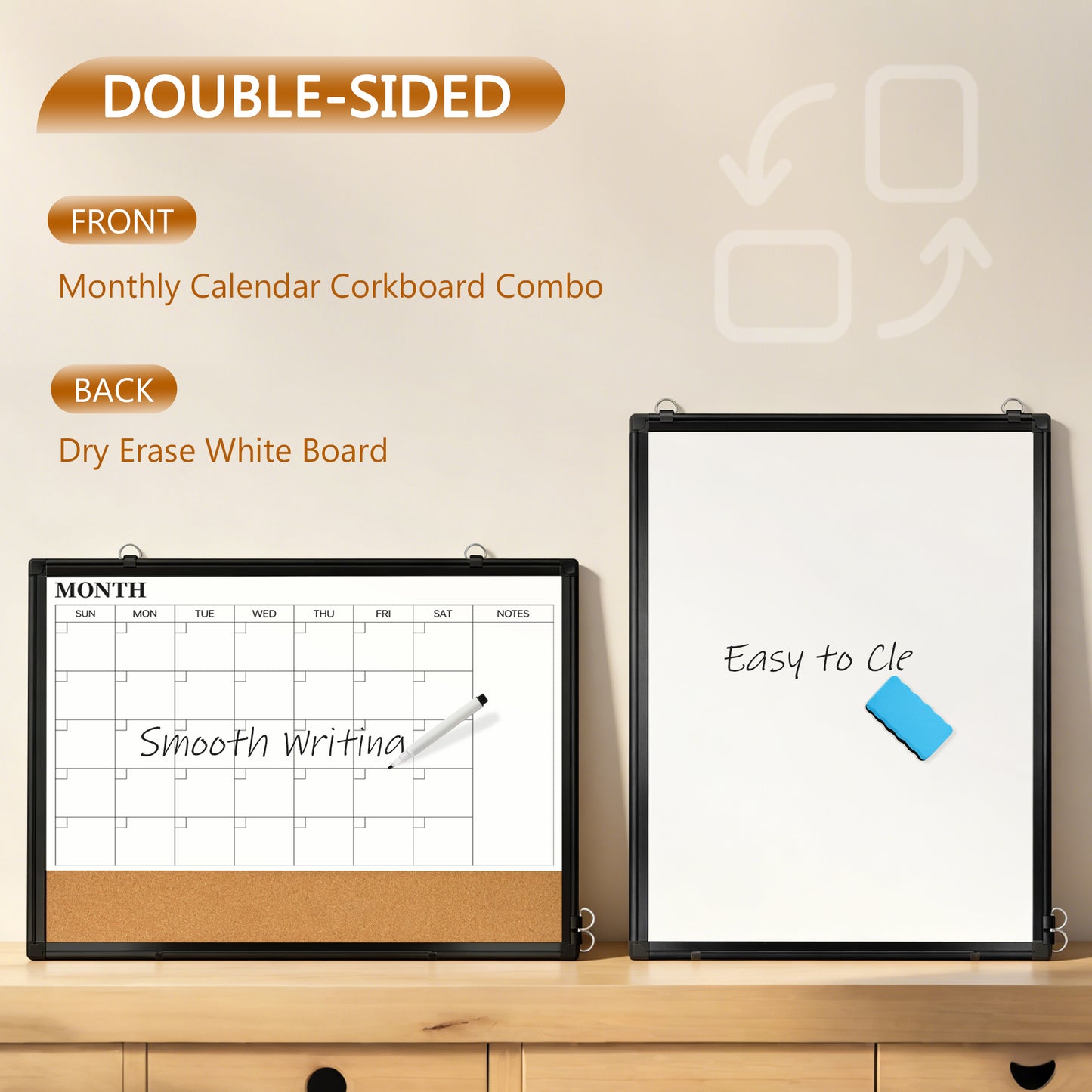 Monthly Calendar Whiteboard 24" x 18",36" x 24" Dry Erase Cork Board Combo Magnetic Double-Sided Calendar White Board and Bulletin Board