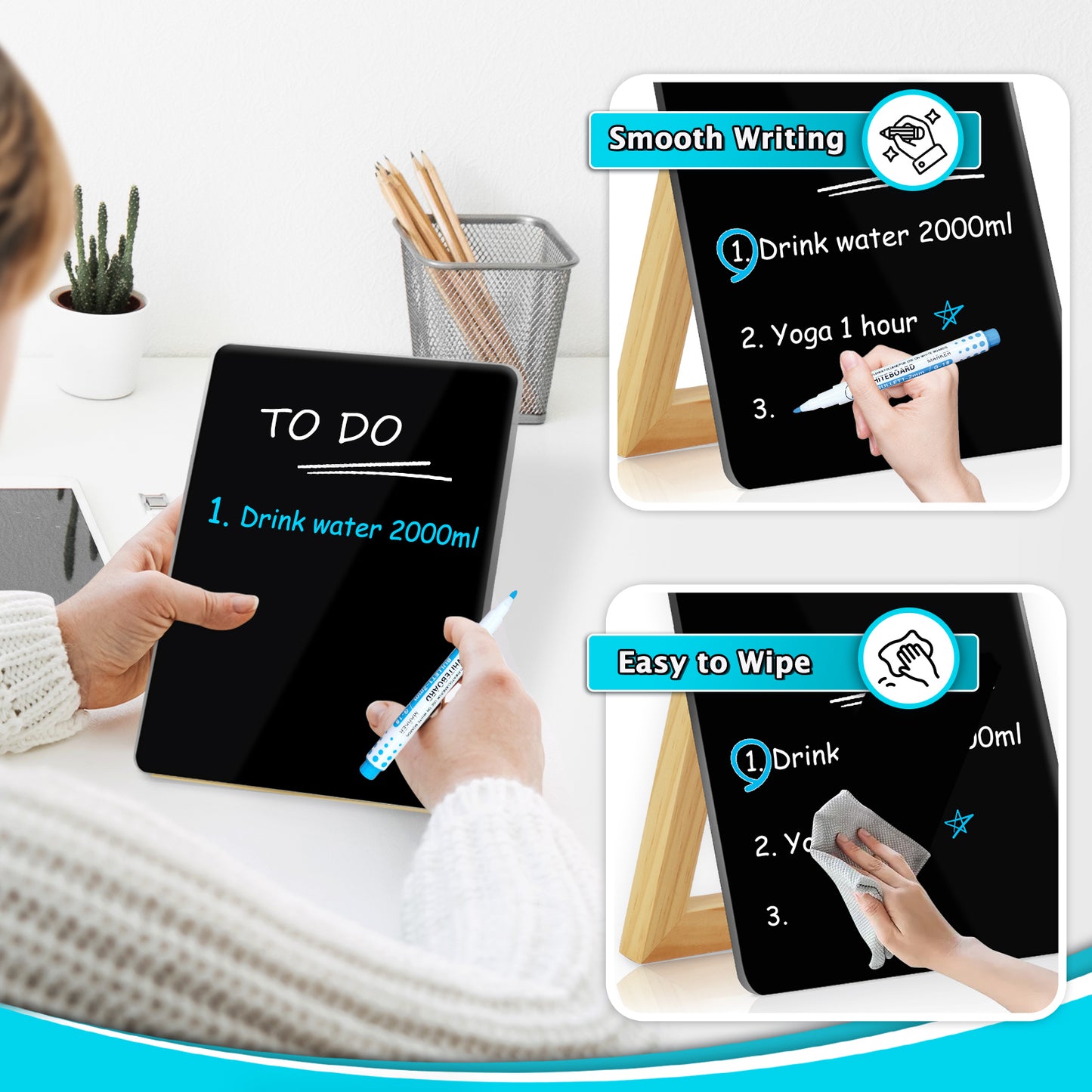 Desktop Black Glass Dry Erase Whiteboard with Reversible Wood Stand Small Whiteboard