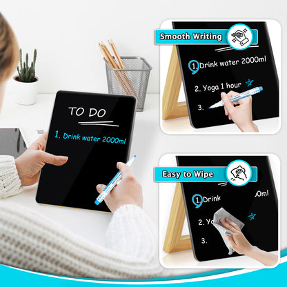 Desktop Black Glass Dry Erase Whiteboard with Reversible Wood Stand Small Whiteboard
