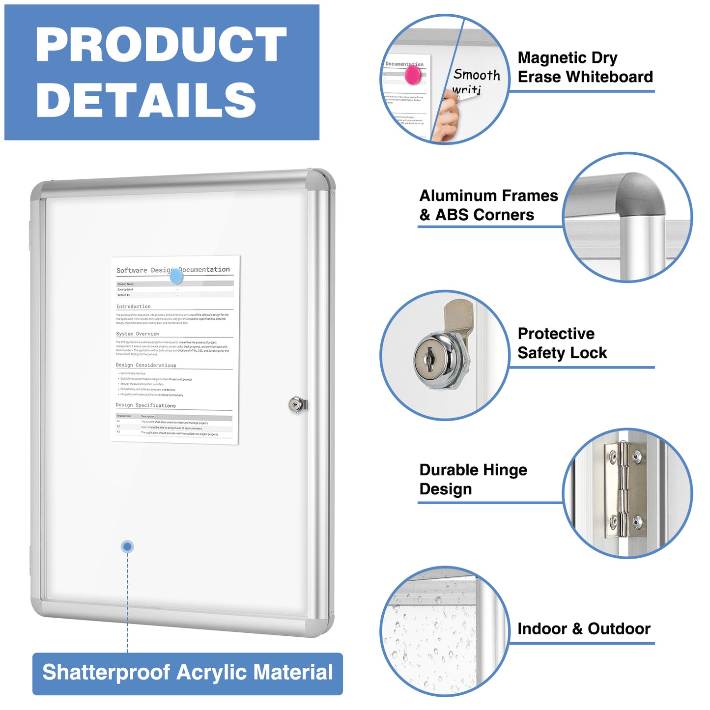 Lockable Notice Board 36"x24" Tamperproof Enclosed Display Board Whiteboard Cabinet, Sliver