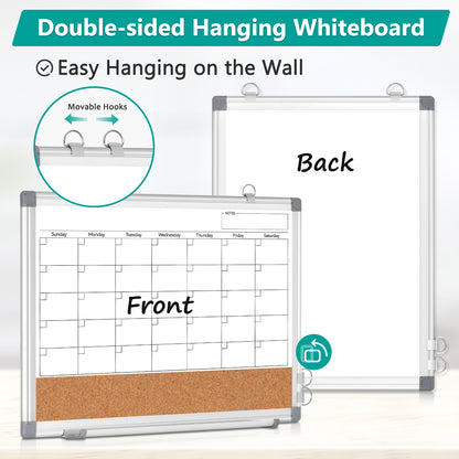 Monthly Calendar Whiteboard 16" x 12" Magnetic Dry Erase Board Dry Erase Cork Board Combination for Wall