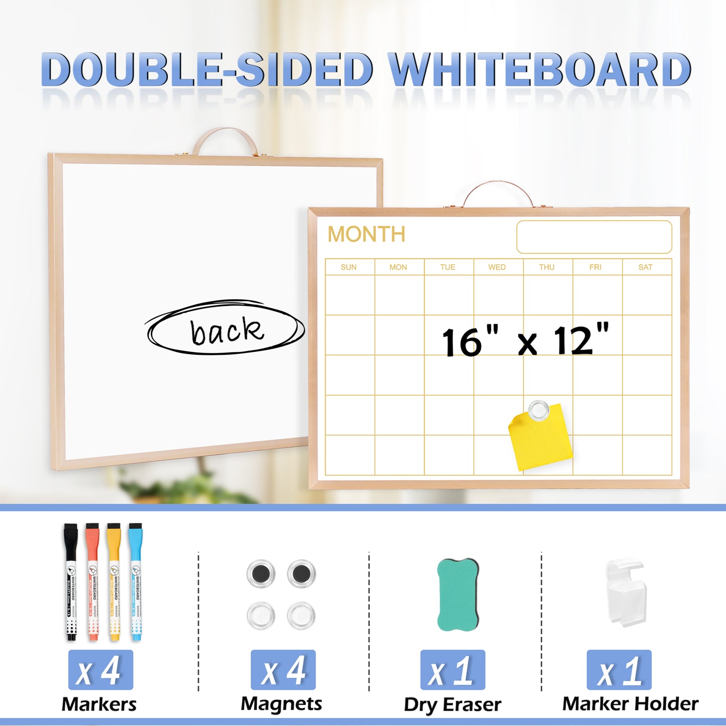 Magnetic Monthly Calendar Whiteboard, 16'' x 12'' Double Sided Dry Erase Calendar for Wall Office Home, Small Portable White Board Calendar