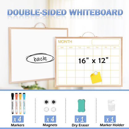 Magnetic Monthly Calendar Whiteboard, 16'' x 12'' Double Sided Dry Erase Calendar for Wall Office Home, Small Portable White Board Calendar