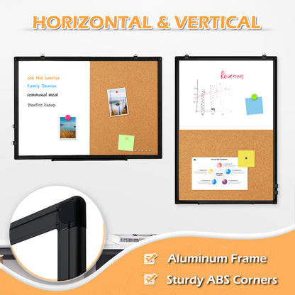 Whiteboard Corkboard Combo, Double-Sided Dry Erase Board with 4 Markers 6 Magnets 10 Pins 1 Eraser-Black