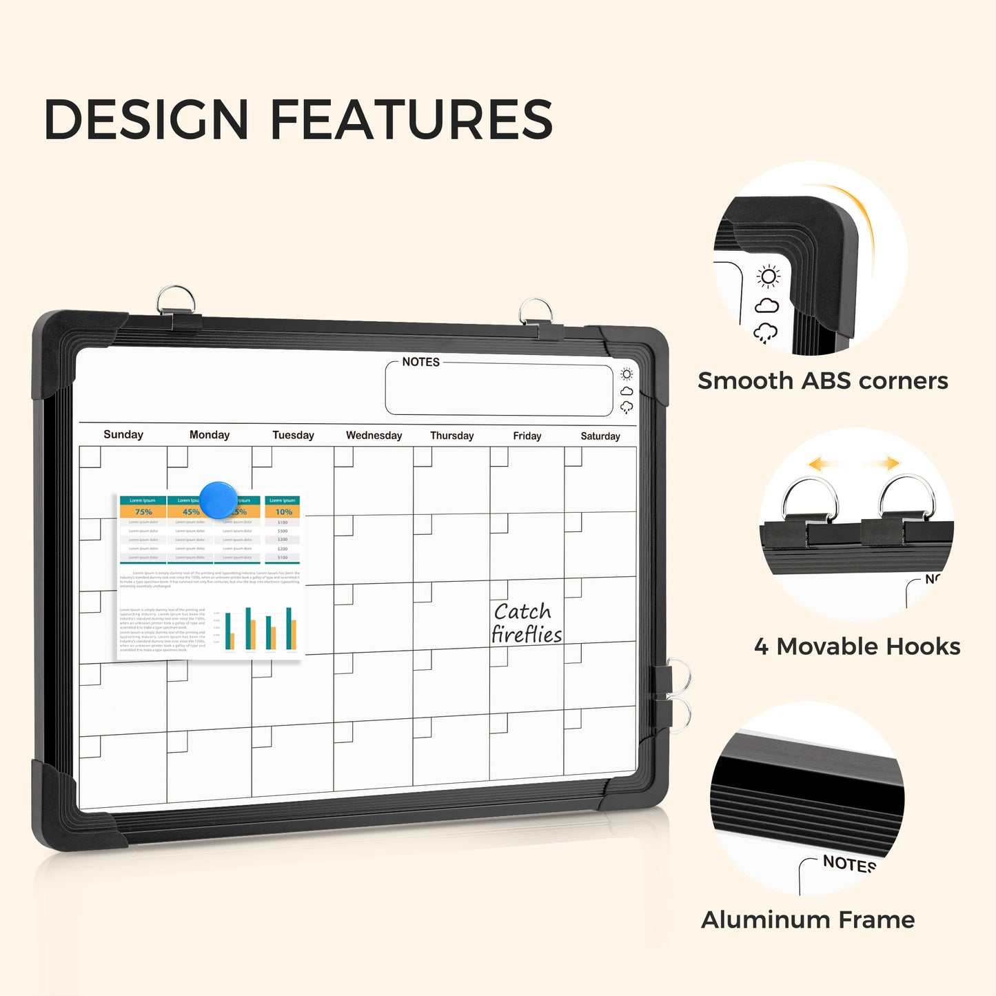 Whiteboard Calendar, Double-Sided, 16" x 12" Monthly Planner with 8 Markers 8 Magnets 1 Eraser-Black