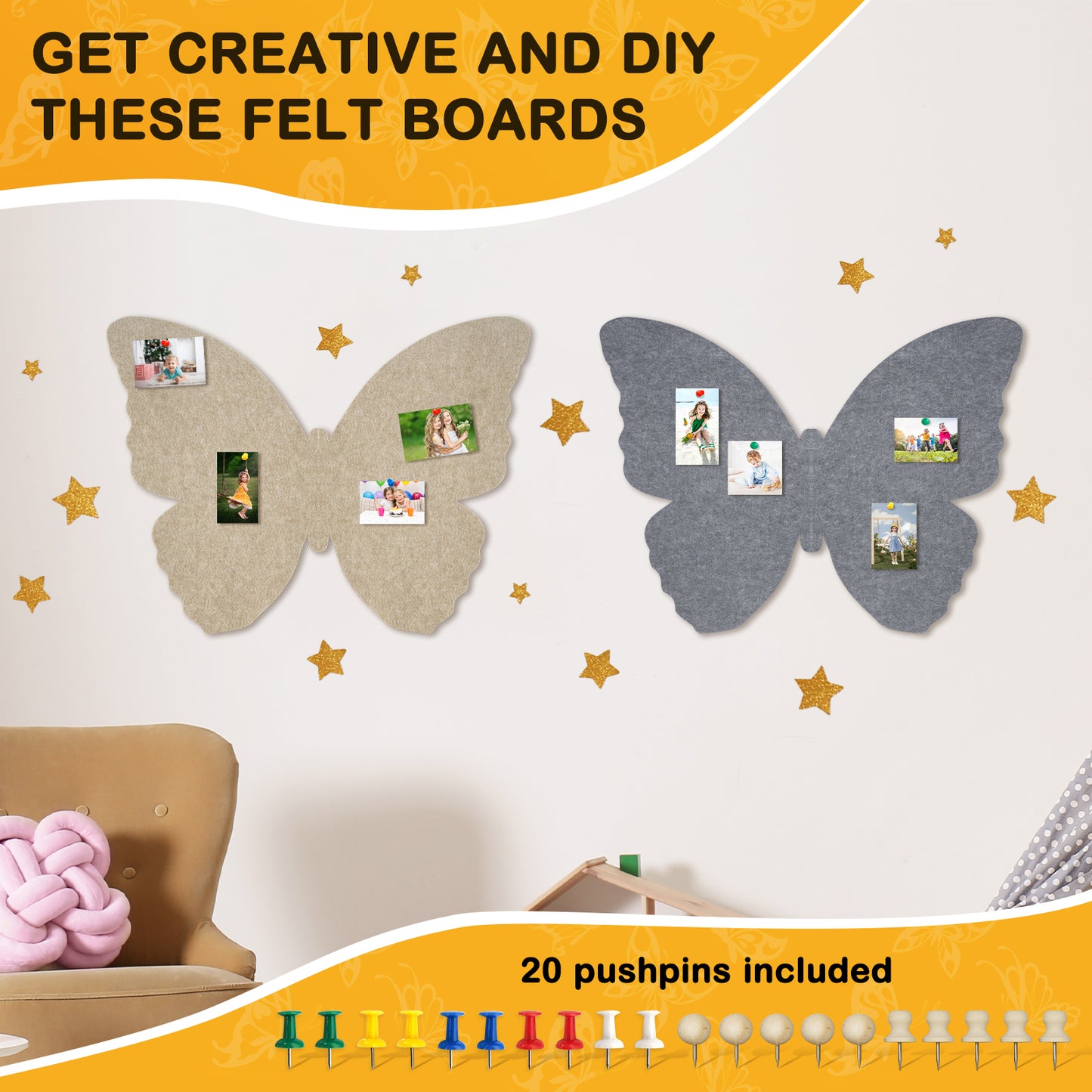 Felt Bulletin Board 2PCS Butterfly Stickers 3d Baby Wall Decor with 20 Push Pins, Latte & Grey