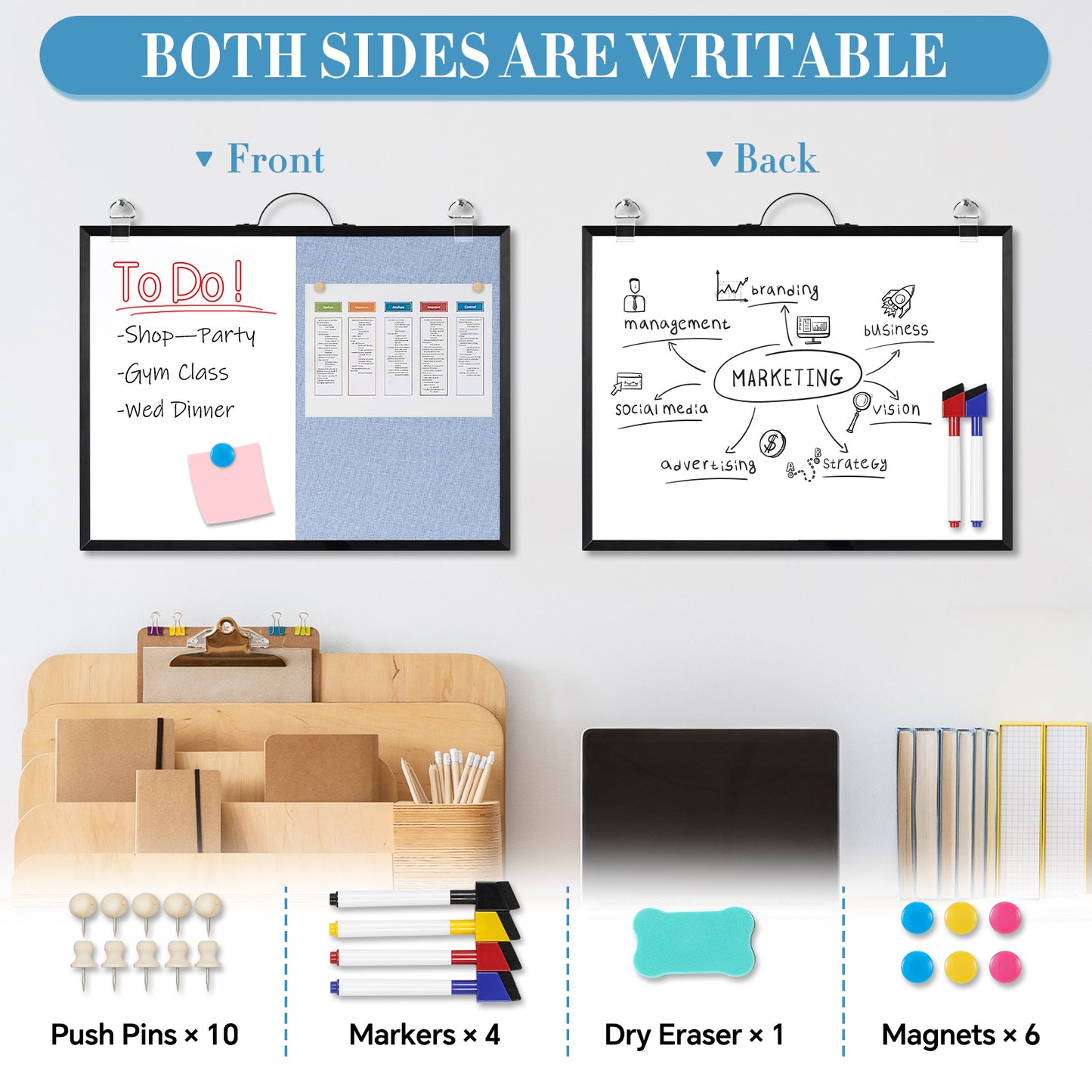 Dry Erase Linen Board, 12"x16" Small Cork Board White Board Combination, Double-Sided Magnetic Bulletin Board for Wall, Vision Board with Markers and Magnets