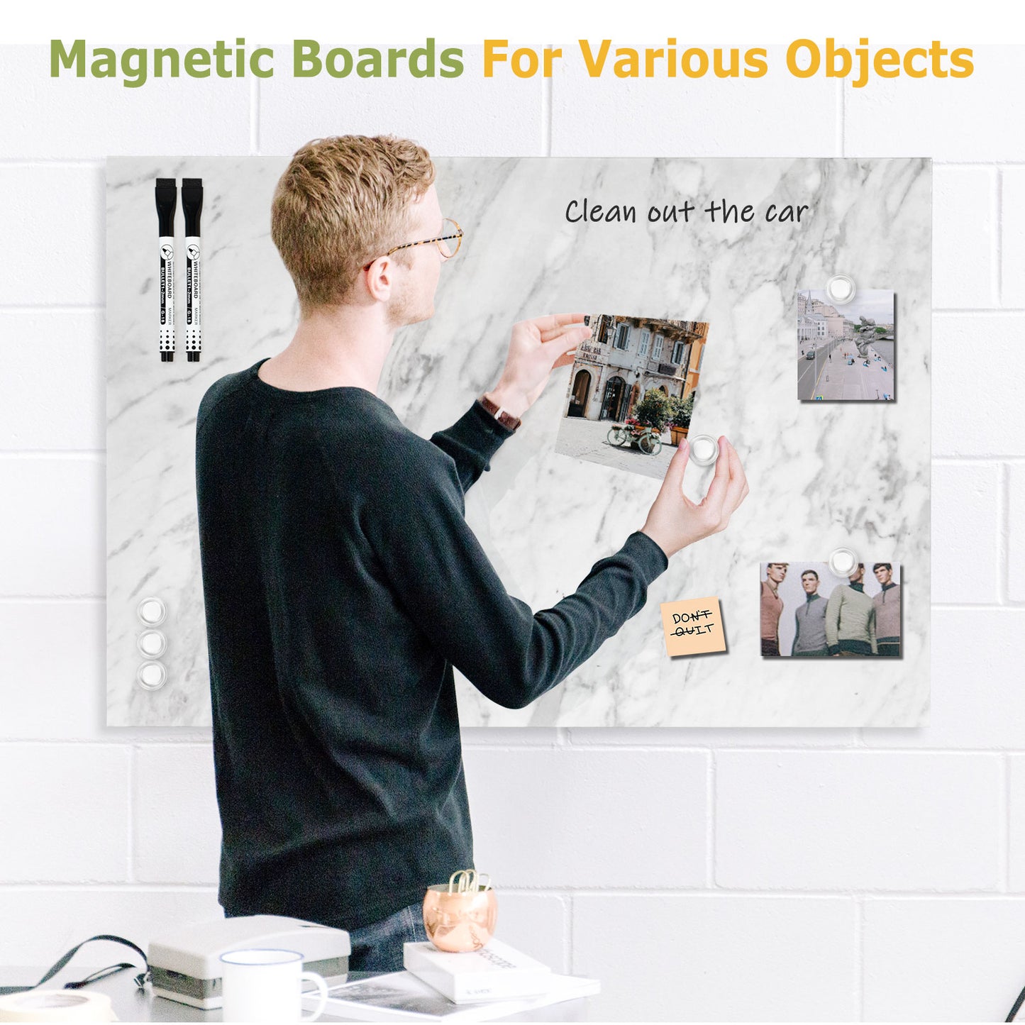 Magnetic Dry Erase Board Decorative White Board for Wall with White Marble Pattern Design