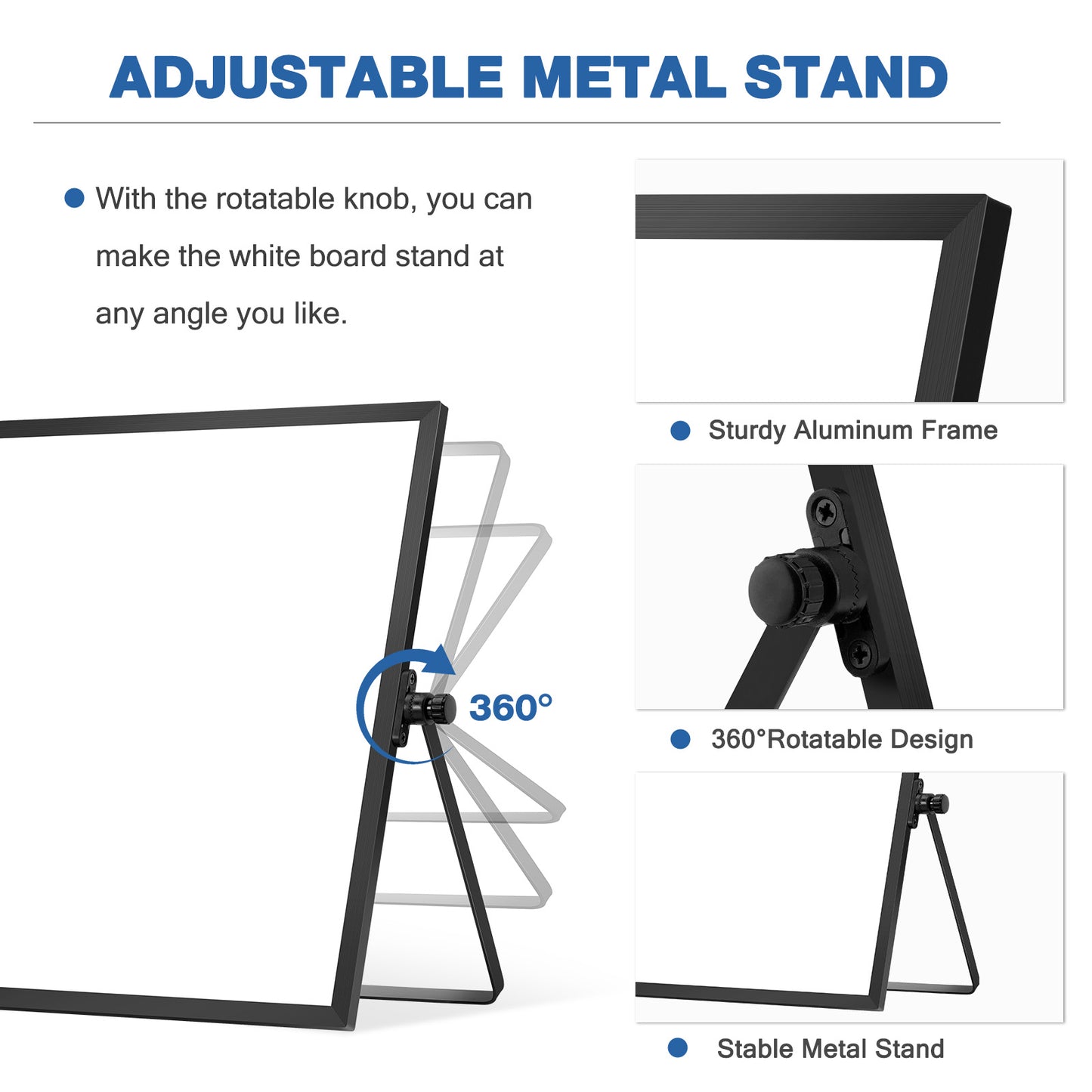 Small White Board with Stand, 16" x 12", Double-Sided with 8 Markers 8 Magnets 1 Eraser-Black