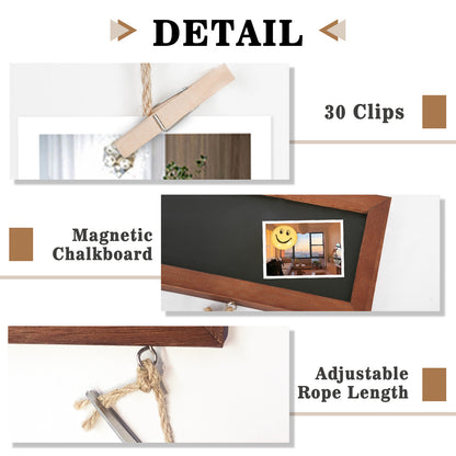 Picture Frames Collage Display Board 15.7''x 35.4'', Wooden Framed Magnetic Blackboard with Markers. Magnets and 30 Clips