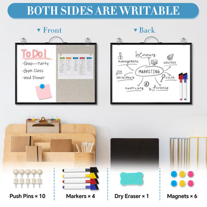 Dry Erase Board Bulletin Board Combo Vision Board, 12"x16" Combination Magnetic Whiteboard & Fabric Board