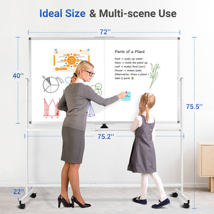 Rolling Whiteboard on Wheels 72"x40" Double-Sided Dry Erase Board with Stand Big White Board with Stand Portable Magnetic Mobile White Board, White