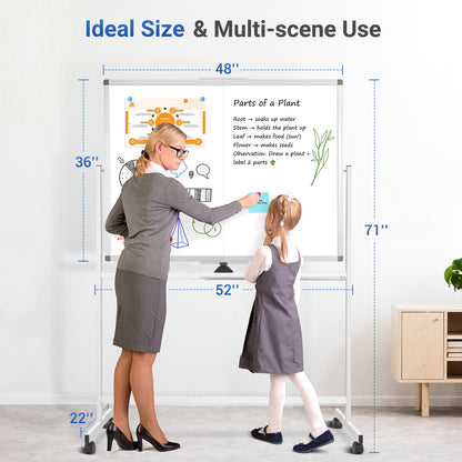 Rolling Dry Erase Board 48 x 36 Double Sided Easel Style Whiteboard with Wheels Mobile Standing White Board with Stand for Office, Classroom & Home, White