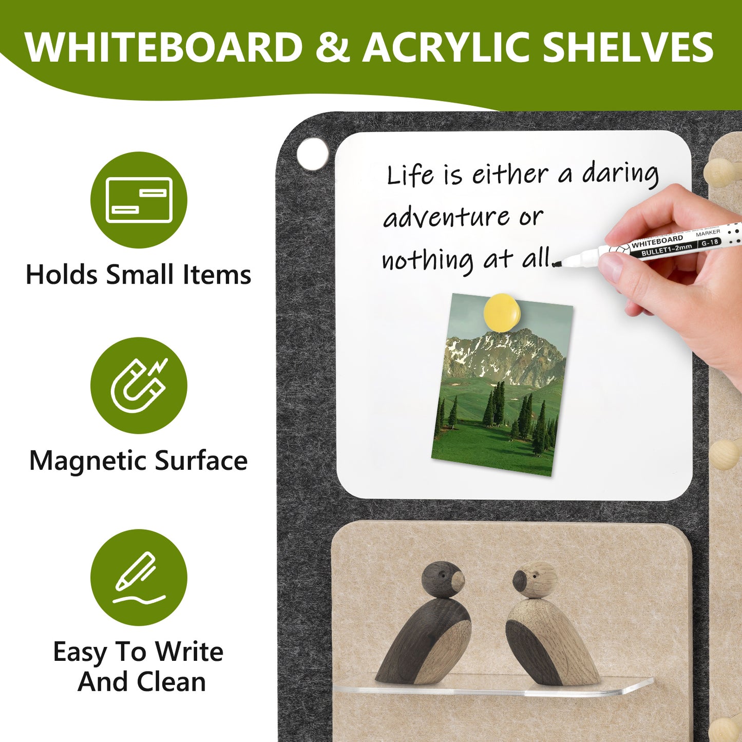 Felt Bulletin Board 24 x 16 In Foldable with Magnetic Whiteboard Dry Erase, Peg Board Acrylic Shelf, Horizonal Grey