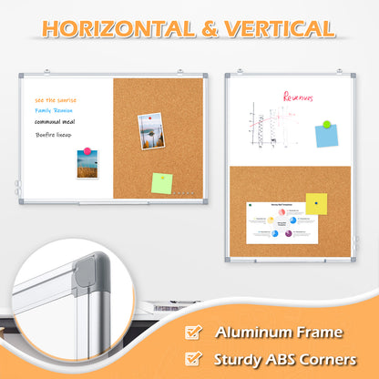 Whiteboard Corkboard Combo, Double-Sided Dry Erase Board with 4 Markers 6 Magnets 10 Pins 1 Eraser-Silver