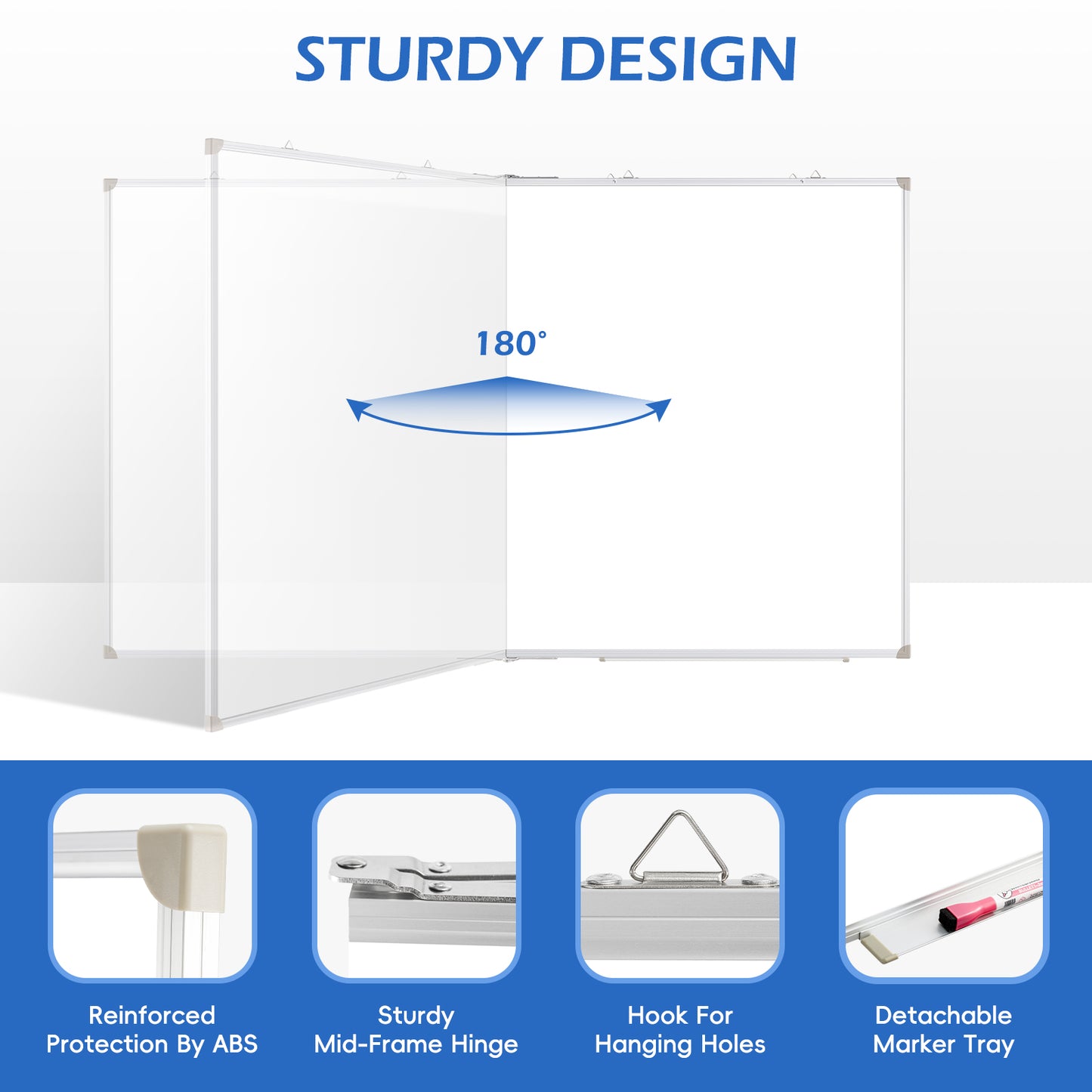 Large Dry Erase White Board Double Sided Magnetic Foldable Whiteboard Wall Mounted Folding Message Presentation Board