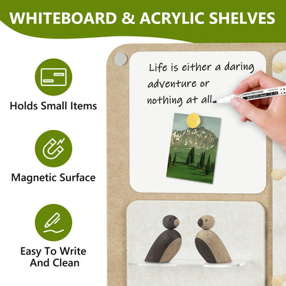 Felt Bulletin Board 24 x 16 In Foldable with Magnetic Whiteboard Dry Erase, Peg Board Acrylic Shelf, Horizonal Latte