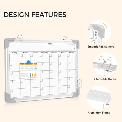 White Board Calendar, Double-Sided, 16" x 12" Monthly Planner with 8 Markers 8 Magnets 1 Eraser-Silver